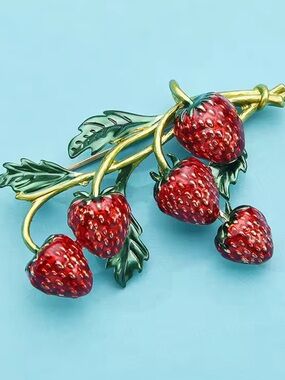 Red Strawberry Branch Enamel Brooch